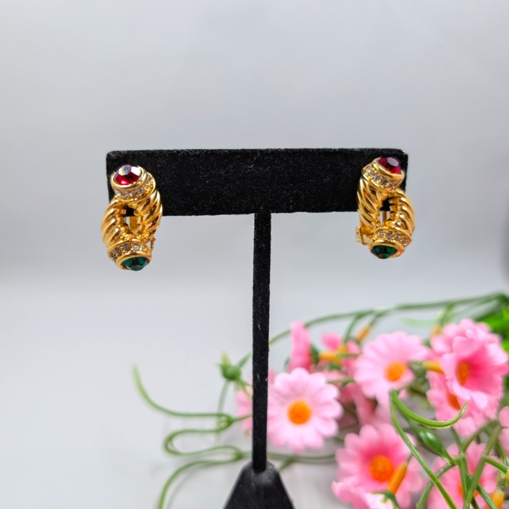 Vendome Signed Vintage Gold Plated Crystal Accented Clip On Earrings